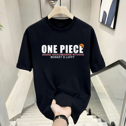 
LEE KIDS Japanese One Piece Nika Luffy cartoon peripheral short-sleeved men autumn teenager student round neck T-shirt top trend V1048 black S