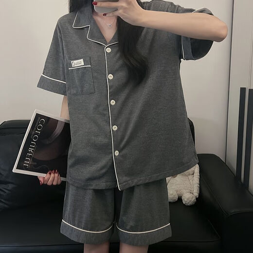 
Catman (MiiOW) Korean version simple solid color pure cotton pajamas women's short-sleeved shorts summer high-end two-piece dormitory home clothing set 9905# dark gray M 80-100Jin [Jin equals 0.5 kg]