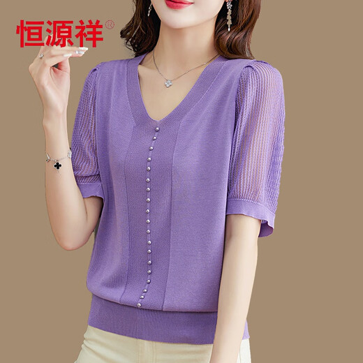 
Hengyuanxiang ice silk short-sleeved T-shirt for women 2025 summer new fashionable and versatile V-neck loose thin style slimming Tiansi knitted top (middle sleeve) burgundy 1391 M 90-100Jin [Jin equals 0.5 kg]