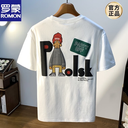 罗蒙（ROMON）大码200斤圆领短袖T恤男2025年夏季港风印花棉质体恤加肥加大男士 白色1 JSW9921 M 建议90-108 斤