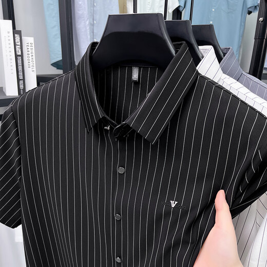
Classic Car Summer Men's Jinmin Short Sleeve Shirt Striped Breathable High Elastic Anti-Wrinkle Non-Secret Business Casual Shirt Men's New Style AN15277 Gray M