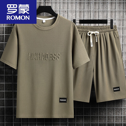 罗蒙（ROMON）男士夏季套装青少年短袖t恤薄款冰丝两件套休闲运动服五分短裤子 单件上衣-829军绿 XL 建议130-145斤
