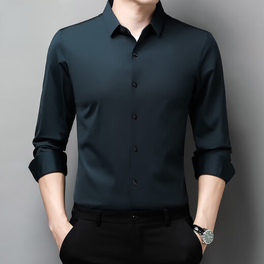 GY goldlion金利来无痕长袖衬衫男士中年春秋季新款商务休闲高弹免烫纯色衬衣 9928上青色 L 170建议120-135斤