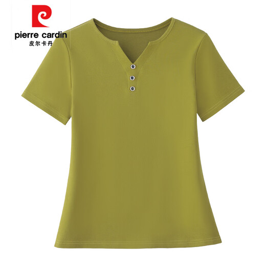 皮尔卡丹（pierre cardin）2025夏季新款正肩设计感宽松v领棉短袖女t恤高端气质百搭衫 6623芥绿色 (扣子款) S 建议80-95斤