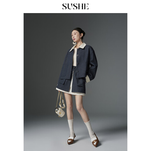 SUSHE Xunting retro movie-like cotton and linen stitching contrasting plaid jacket A-line skirt suit for women spring Qingming blue-skirt M