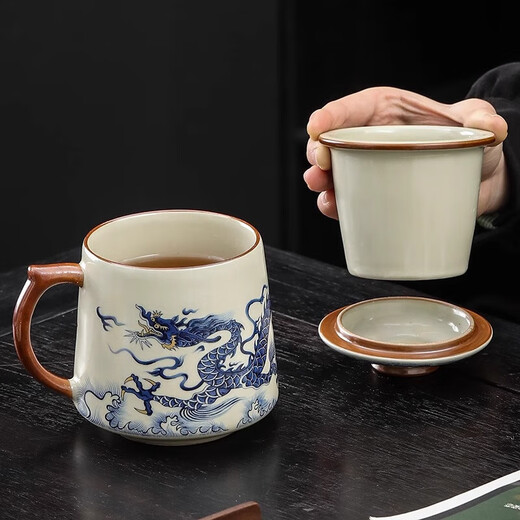 Blue and white Ru Kiln tea cup and water cup ceramic tea cup with lid, tea and water separation, customizable gift-giving home high-end office mug Ru Kiln Qianli Jiangshan-Office mug