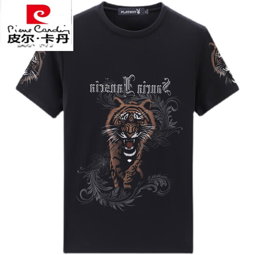 Pier Cardin Camiseta de manga corta impresa de gama alta para hombres en la cabeza de tigre de verano Seda de seda suelta Matepa de carrocería de media manga para hombres Tide de hielo delgado t Funcionario de la marca-829 Letra de rayas Negro-Marca internacional M 165/ Sugirió 95-120Jin [Jin equivale a 0.5 kg]-Marca internacional de la marca internacional