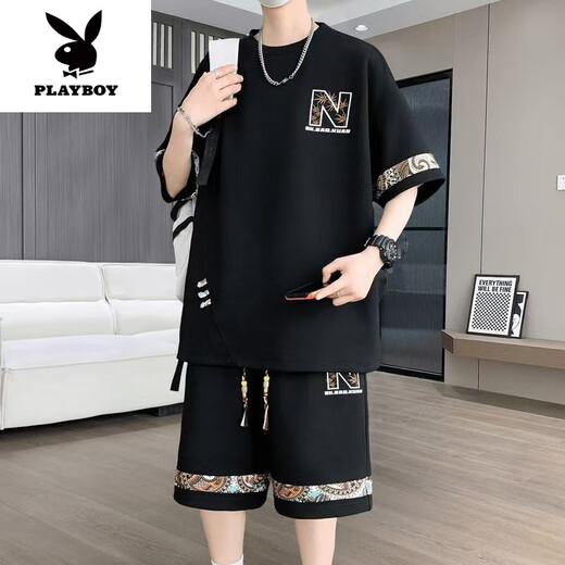 花花公子（PLAYBOY）2025夏季新款短袖青年潮流大码休闲运动套装男士时尚百搭两件套潮 【夏季套装】6195白色 M 90-110斤