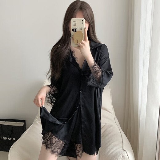 Bei Yifu-Shirt und Pyjamas für Frauen, sexy 2025 neuer Freundeshänger, reine und sexy Atmosphäre, langärmeliges Oberteil, dünn 12357# schwarz, einzelne Größe (geeignet für 80-145jin [Jin gleich 0,5 kg])