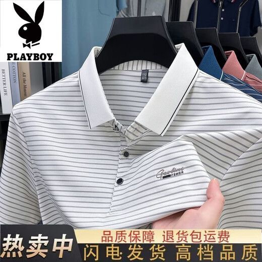 
Playboy 100% ice silk short sleeve t-sleeved summer new high-end men's breathable elastic casual business fashion POIO shirt JL-9922 black [short sleeve] 2XL 180 recommended 155-170Jin [Jin equals 0.5 kg]