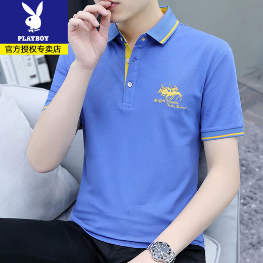 Playboy Sommer kurzärmeliges Polo-Shirt Herrenmarke Stickar Paul T-Shirt Mode, vielseitig, dünne Herren-INS-Lappel-Schwarz S5012 M 95-115jin [Jin gleich 0,5 kg]
