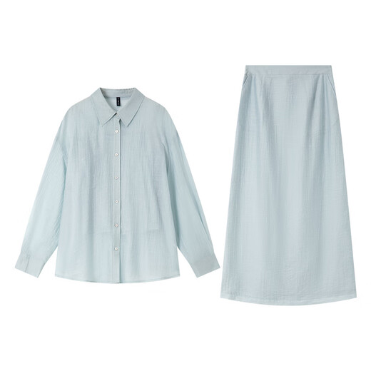 Vanciman Simple Shirt Anzug Rock für Frauen 2025 Sommer neutemperamentige Strickjacke Hosenteilrock Drei-teilige Set M9898 Blau Grün L.