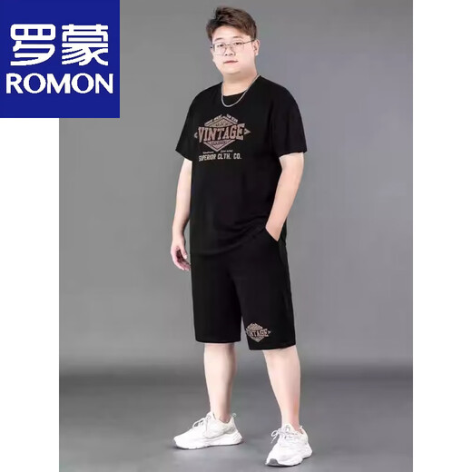 罗蒙ins潮牌短袖T恤男夏季套装胖子加肥加大薄款休闲裤宽松运动装 9922黑色 高品质冰丝套装 XL 建议130-140斤