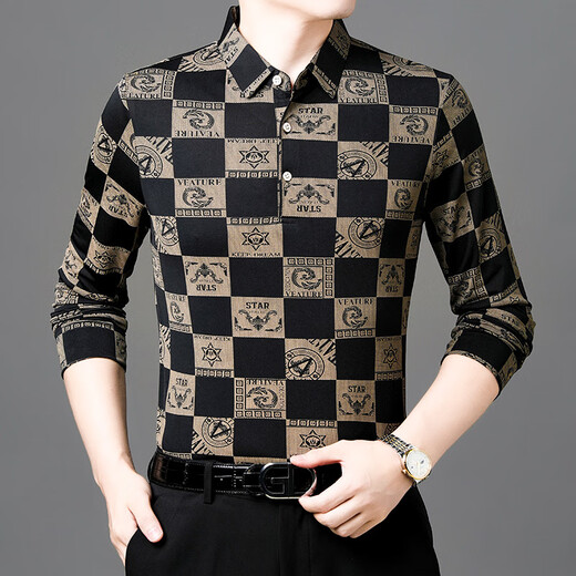 HUALIN FASHION长袖印花衫男士春秋薄款潮流休闲爸爸装恤 T9889长袖 黑色 M 165/95-115斤