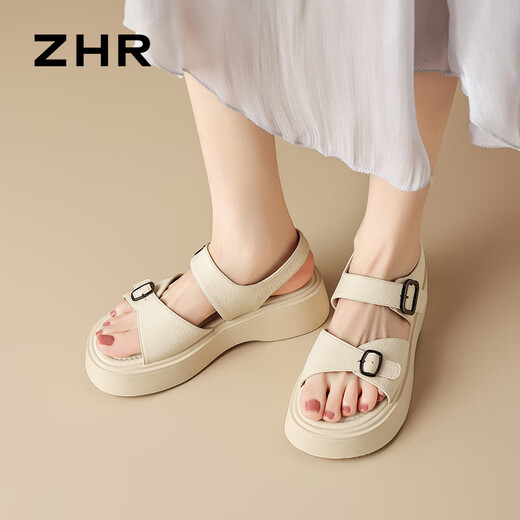 ZHR Sandalias de Suela Gruesa con Velcro para Mujer, Zapatos Ligeros de Verano para Mujer, Zapatos de Playa con Realce, KN117 para Mujer, Beige, 37