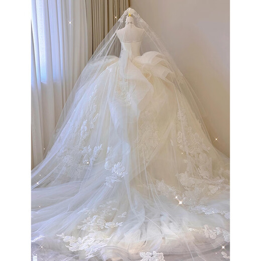 Slave style white tube top light wedding dress 2025 new bride high-end texture small tail high-end customized main yarn white tail wedding dress L