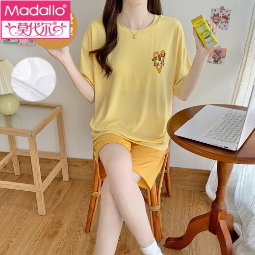莫代尔睡衣女夏季短袖小熊带胸垫可爱少女冰丝居家服大码休闲可外穿套装 高质量12611 XL 女(115-125斤)