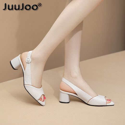 JuuJoo's temperament simple genuine leather fish mouth sandals for women's thick heels new summer French empty striped mid-heel sandals for women off-white 38