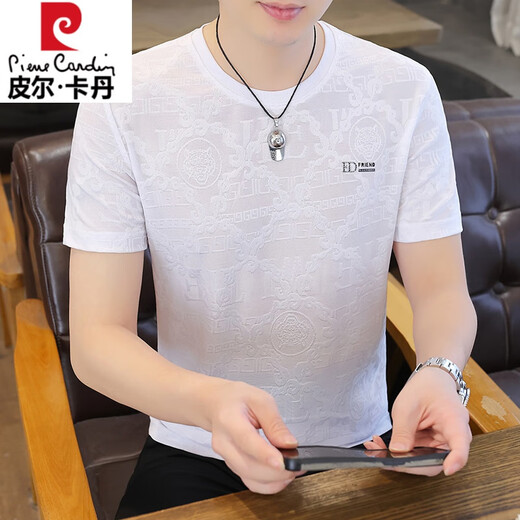 皮尔卡丹冰丝短袖T恤男夏季新款高端工艺男士冰感提花体恤衫百搭打底衫男 753黑色 XL 建议穿130-150斤
