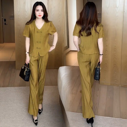Kayoulai Mode Frauenkleidung Set Modischer und modischer Stil reduzieren weibliche kleine Menschen Sommer 80er Jahre Neue chinesische Plattenknopf Frauen Kaffee Set M Gewicht 85-100jin [Jin gleich 0,5 kg] Universelle Größe