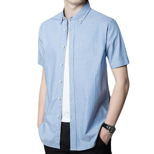 NOSSKISS international brand men's high-end short-sleeved shirt men's summer casual business striped cotton middle-aged thin half-sleeved PD2119 blue stripe L suitable for 120-140Jin Jin equals 0.5 kg