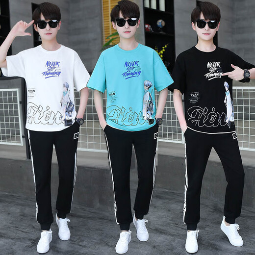乐琪娅夏季青少年短袖T恤男孩衣服高中初中学生大童夏装帅气运动套装潮 白蓝色 套装TZ9226款 M 【70-90斤】