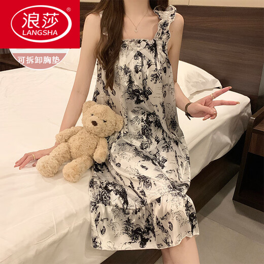 浪莎（LangSha）睡裙女夏季自带胸垫冰丝凉感吊带睡衣夏天女士甜美可爱家居服春秋 3887【不可拆胸垫】 M 【75-100斤】