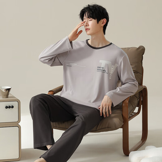 
Yu Zhaolin's new men's pajamas autumn and winter 100-skinny comfortable round neck pullover long sleeve trousers home clothing set casual and can be worn outside 16778 L 170/L