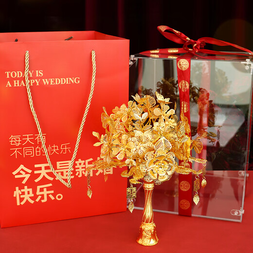 科茵格黄金色手捧花diy材料包中式婚礼新娘秀禾旗袍服晨袍闺蜜结婚礼物 荣华[diy材料包]+高档礼盒