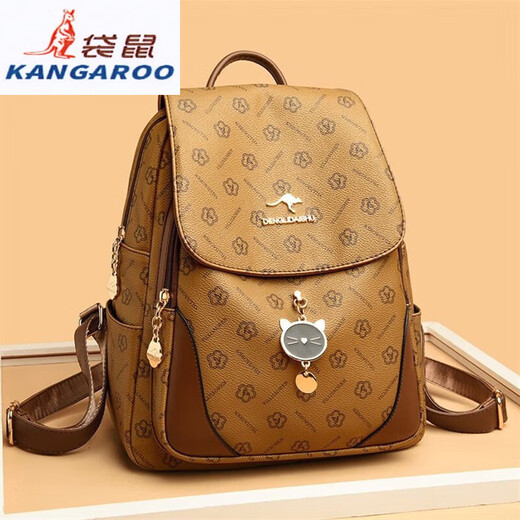Kangaroo (KANGAROO) leather backpack for women 2024 new summer fashion casual middle-aged large capacity cowhide backpack versatile mommy bag DS brown