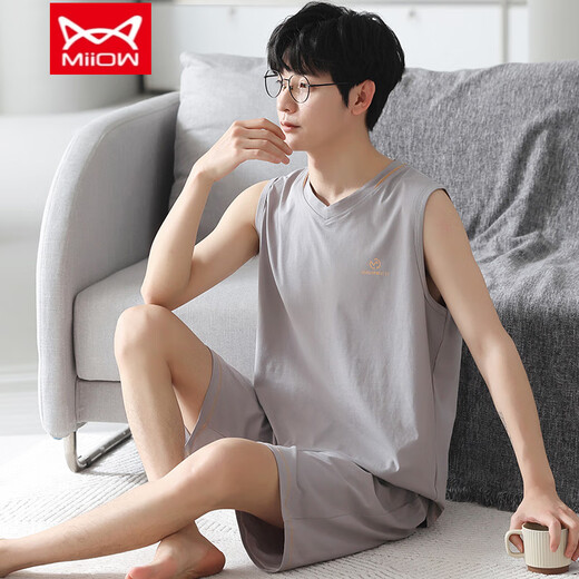 Catman (Miiow) Vest Pyjamas Herrenmodal Frühlings- und Sommer-Rund-Hals-Shorts Home-Kleidung lose und vergrößerte 12027 [Herrenanzug] l [vorgeschlagen 100-140jin [Jin entspricht 0,5 kg]]