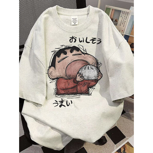 Cantu American trendy brand heavyweight Crayon Shin-chan short-sleeved T-shirt men's summer loose half-sleeved couple's bottoming shirt white gray L recommended 100-120 Jin Jin equals 0.5 kg