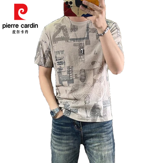 皮尔卡丹（pierre cardin）男士冰丝短袖T恤2025夏季薄款圆领个性印花半袖上衣修身百搭体恤 1203黑色 3XL