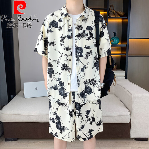 皮尔卡丹（pierre cardin）夏季冰丝短袖衬衫套装男休闲痞帅碎花半袖衬衣搭配沙滩短裤两件套 679米白套装 XL 125-140斤