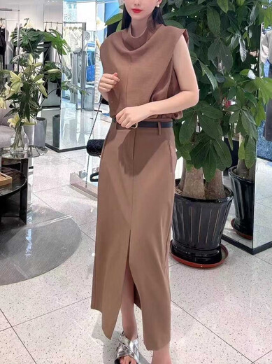 AQFB艾诺丝 韵德半身裙正2024秋款开叉半裙40713524-上衣40715002 茶金色 半裙3524 55 S-1
