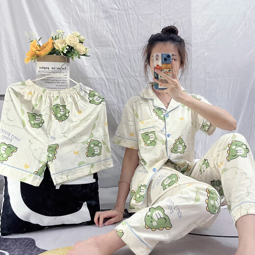 Langsha Estilo de plantación de hierba de niñas Popular, nuevo verano, cómodo, pijama de seda de leche, de seda, ropa doméstica de tres piezas WZL-1473# L Recomendado 100-120Jin [Jin iguala 0.5 kg]