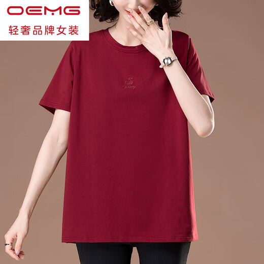 OEMG加肥加大码纯棉短袖t恤女士2025新款夏季宽松中老年妈妈红色t恤衫 白色【KSP-9896款】 L 适合100-115斤