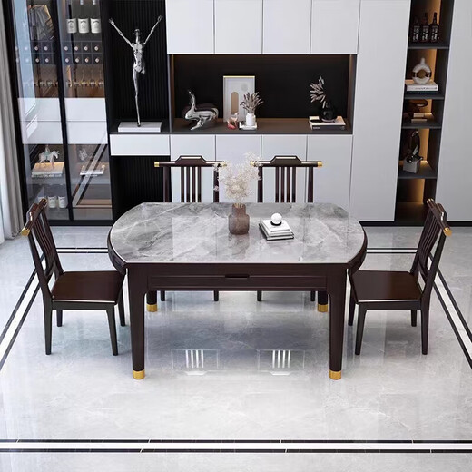 
Youkaji new Chinese rock slab solid wood dining table retractable square and radius dual-purpose dining table MW-681# 1.5m+6 chairs