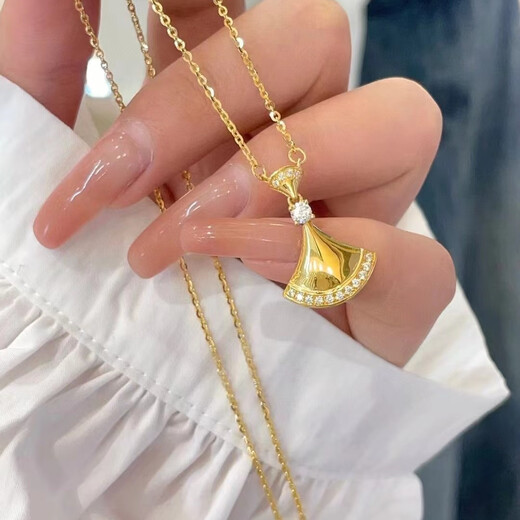 Shi En Little Skirt Gold Necklace 999 Pure Gold Fan Pendant 5G Gold Inlaid Chain Set Chinese Valentine's Day Gift for Girlfriend Little Skirt Necklace Approximately 5.0-5.2g Comes with Quality Inspection