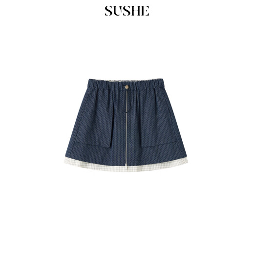 SUSHE Xunting retro movie-like cotton and linen stitching contrasting plaid jacket A-line skirt suit for women spring Qingming blue-skirt M