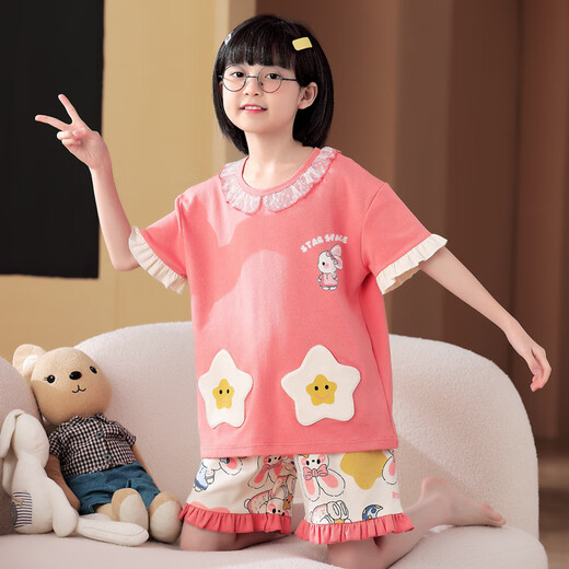 女童睡衣夏季薄款纯棉短袖短裤儿童女孩2025新款夏天100%全棉大童 M6623【双长】 100 8码 95-110cm25斤-30斤