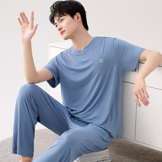 Opeodly莫代尔睡衣男夏季短袖长裤家居服棉超轻薄款冰丝凉感套装可外穿 A2677 短袖+长裤 L 100-120斤