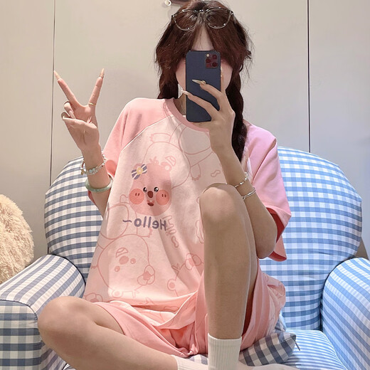 爱芬柔睡衣女士夏季纯棉短袖薄款可爱卡通少女学生夏天可外穿家居服套装 825露比 L 体重建议90-110斤