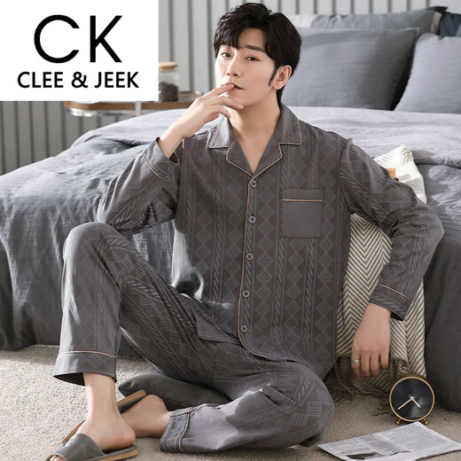 Clee/Jeek Herren Pure Cotton Pyjamas Langarmer Frühlings- und Herbst-Size-Strickjacken dünner Anzug für Herren-Heimkleidung MZ-3523 L [120-140jin [Jin ist gleich 0,5 kg]]