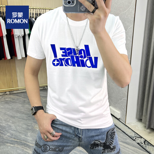 罗蒙（ROMON）t恤男士短袖男2025夏季欧货新款字母T恤上衣简约修身潮圆领半袖男 733烫钻菊帽子黄色 M