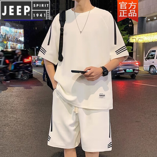 JEEP SPIRIT2025 new sports suit men's summer thin loose ice silk short-sleeved T-shirt men's shorts paired with two-piece set FKS653 white suit M about 90-110Jin [Jin equals 0.5 kg] can be worn