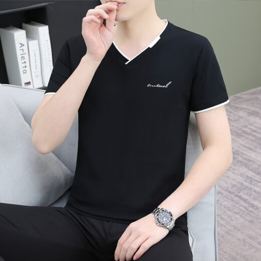棉短袖t恤男士夏季新款潮流百搭时尚v领上衣修身简约 Q694 深灰 3XL 150-170
