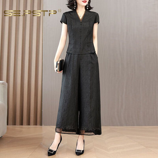 Xiadian Sutra Queen (SE.PSTP) Xiangyunsha Set Women's 2025 Summer New Style Temperament Slimming Belly Mom Wear Wide Legs Two-Piece Set Black 1416# 2XL [116-130Jin[Jin equals 0.5 kg]]