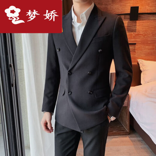 Mengjiao double-breasted casual blazer men's spring and autumn high-end British business single-western trendy slim-fit men's suit set X829 double-breasted suit_atmospheric black 2XL_[high quality]