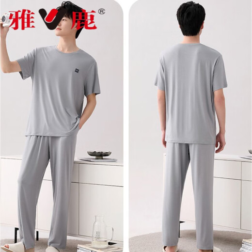 
Yalu pure cotton pajamas for men in summer short-sleeved trousers for home clothes for men in thin ice silk cool solid color set 2677* Short-sleeved + trousers L 100-120Jin [Jin equals 0.5 kg]